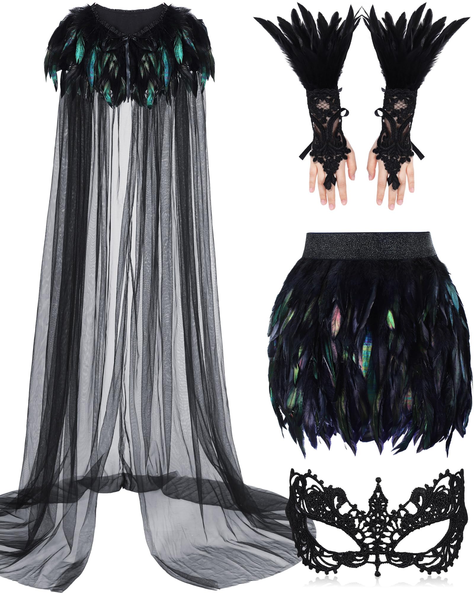 Photo 1 of Hercicy 4 Pcs Halloween Cloak Cape Cosplay Black Feather Collar Witch Cape Dress Feather Skirts Lace Long Gloves Witch Spider Web Lace Masquerade Mask for Party Costume