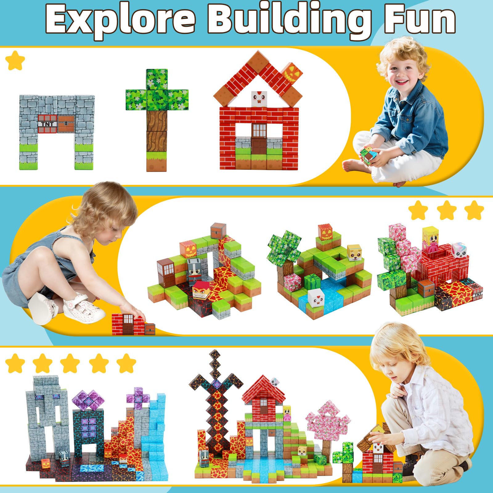 EchoPlan 150PCS Magnetic Blocks, Magnetic Building Blocks, STEM Constructions Magnet Blocks for Boys Girls Age 3 4 5 6 7 8 9 10, Sensory Stacking Toy Christmas Birthday Gifts for Kids, 1