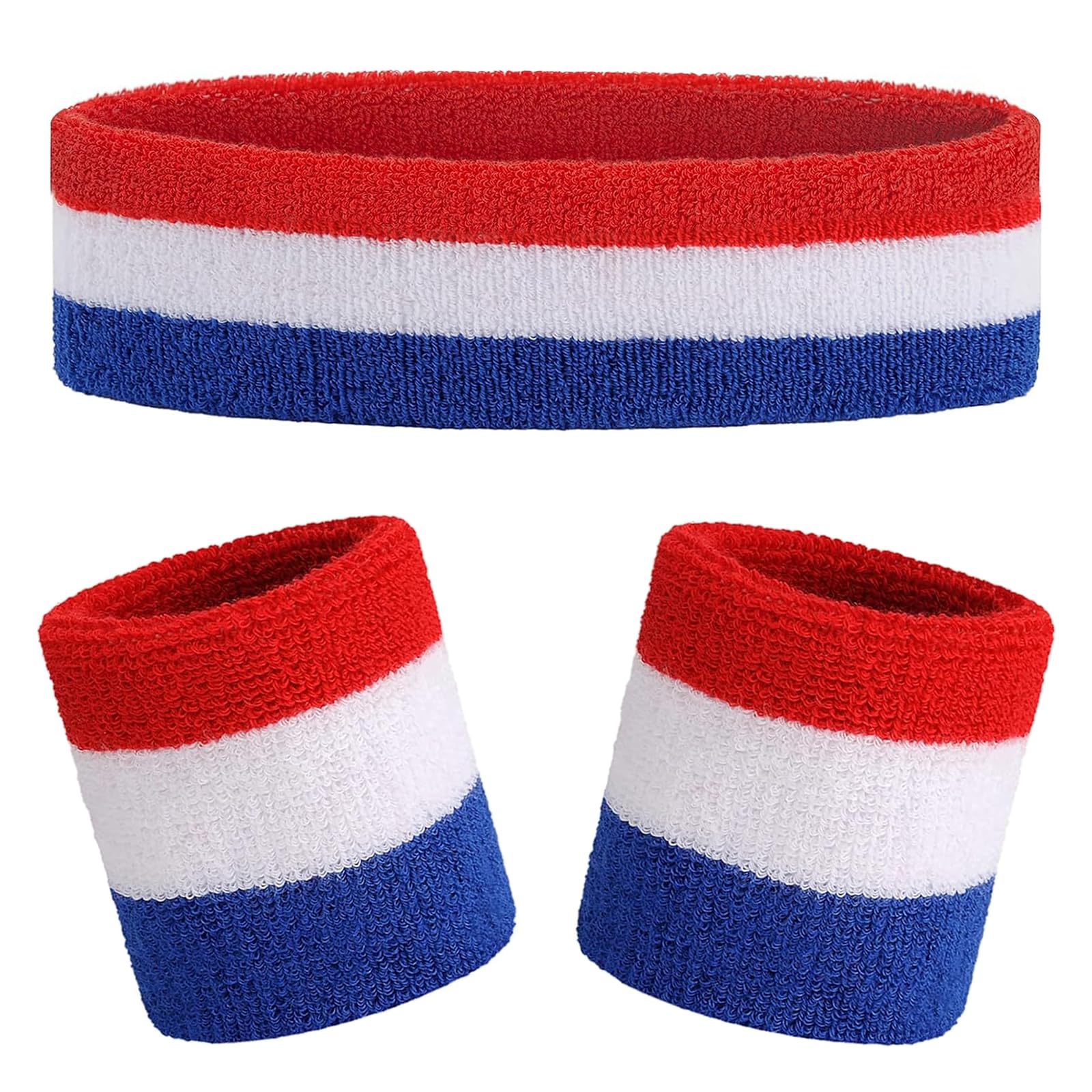 Kids Sweatbands Headband Wristband Set - Athletic Cotton Sweat Band for Sports - Ultimate Sweat-Absorbing 3-piece Set (1 Headband + 2 Wristbands) (Red+White+Blue)