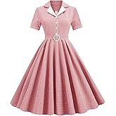 Women 1950s Vintage Short Sleeve Peter Pan Collar Retro Swing A Line Midi Summer Dress Cocktail Party Evening Prom Gown