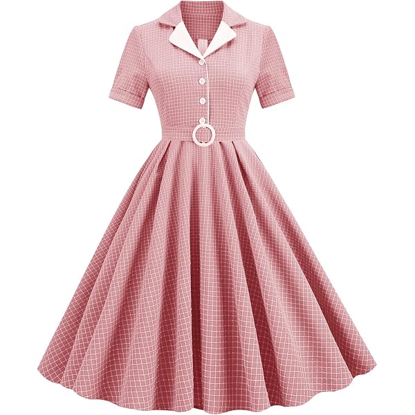 Amazon.com: Women Vintage 40s 50s Lapel V-Neck Button Up A-line Shirt Dress  with Belt Work Cocktail Party Dresses Pink S : Clothing, Shoes & Jewelry
