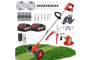 XABCHUI Cordless Weed Wacker Electric Weed Trimmer Battery Powered with 26pcs Blades & 2 Batteries & Charger & Wheels, Push Lightweight Wheeled No String Grass Trimmer/String Trimmer/Lawn Edger/Brush Cutter