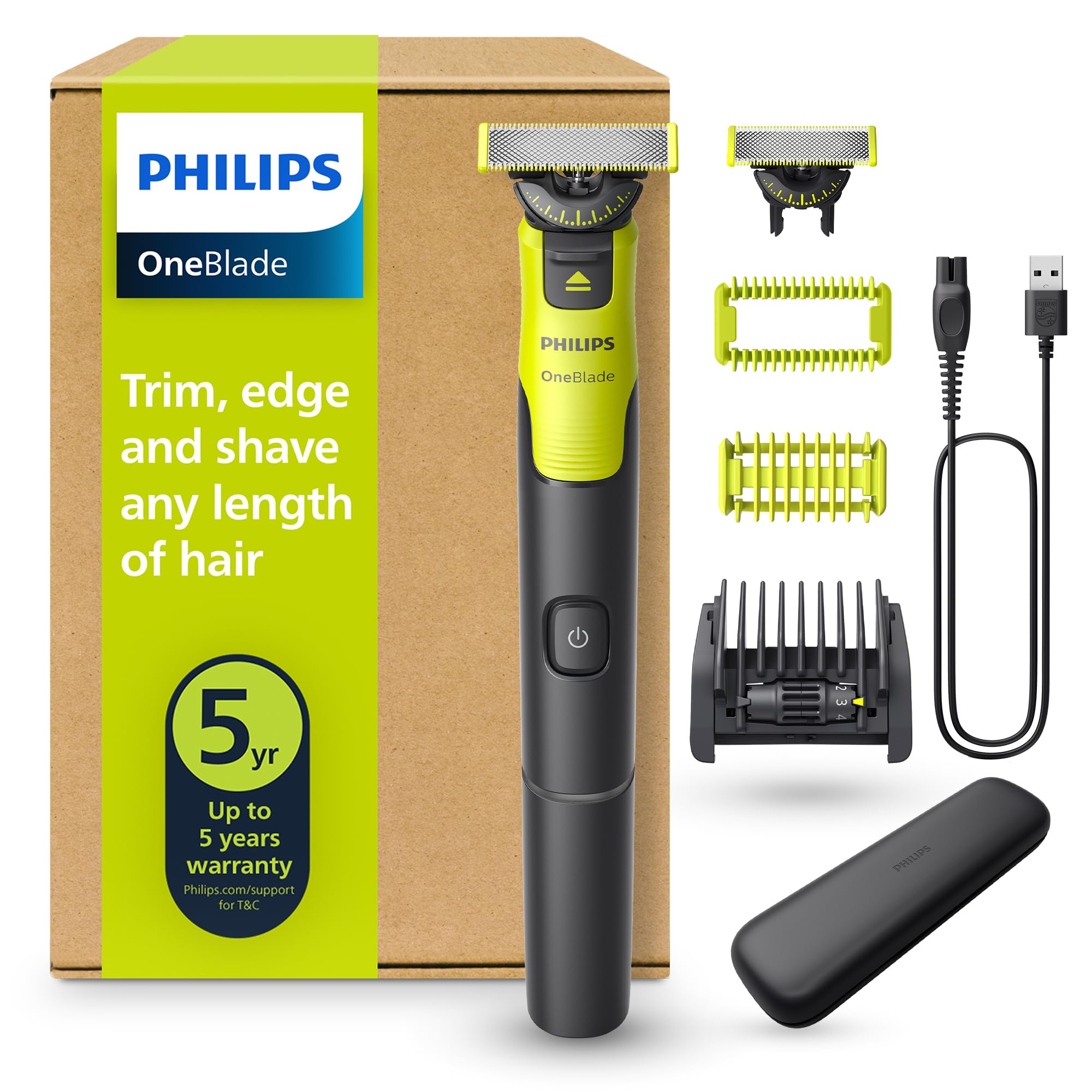 Philips OneBlade 360 Face & Body mit App-Anbindung - Elektrischer Bartschneider, Rasierer und Bodygroom mit 360-Technologie, verstellbarer 5-in-1-Trimmaufsatz, 1x Körper-Kit, Reiseetui, QP4631/65