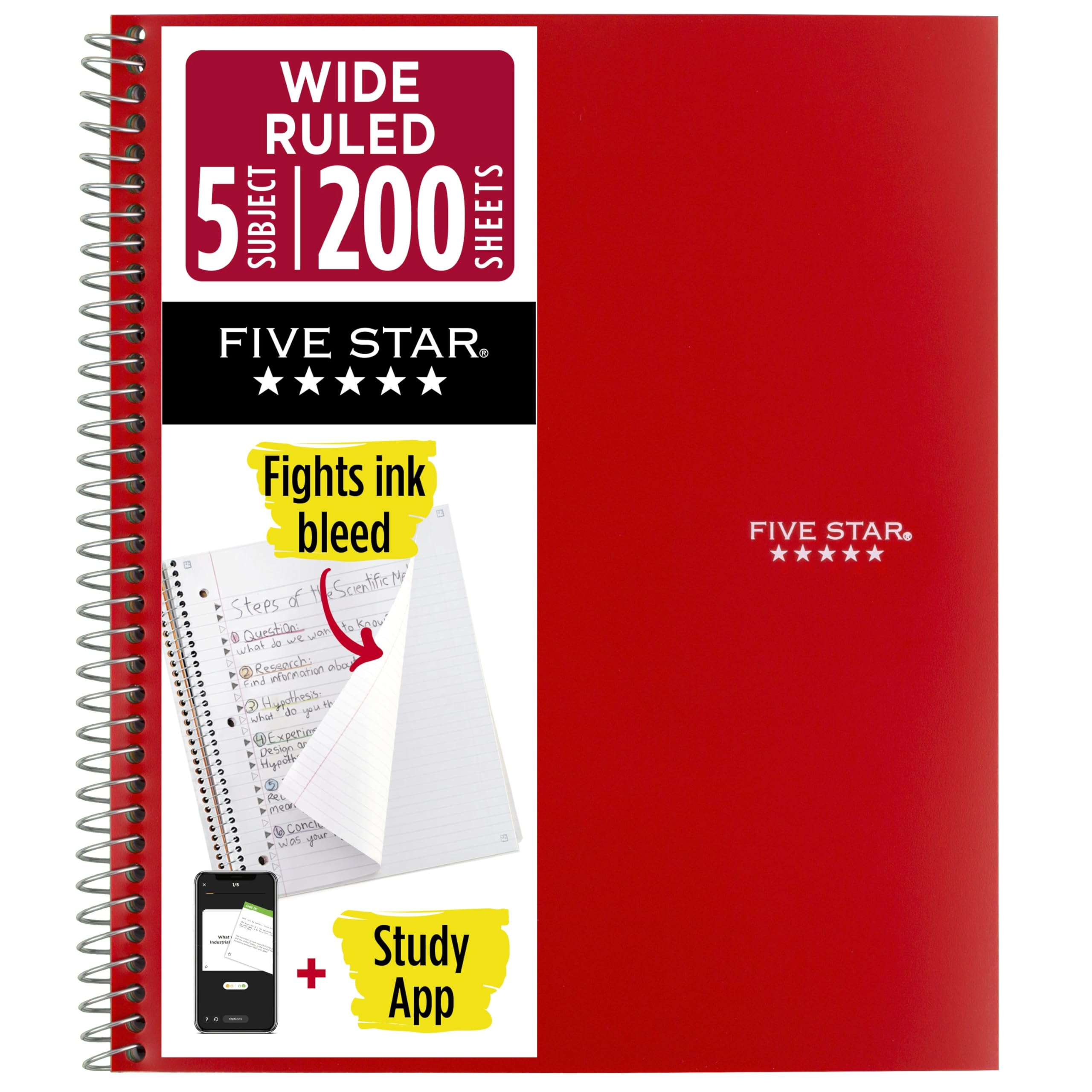 Five Star Spiral Notebook, 5-Subject, Wide Ruled Paper, Fights Ink Bleed, Water Resistant Cover, 8" x 10-1/2", 200 Sheets, Red (72041)
