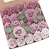 Floroom Artificial Flowers 25pcs Real Looking Mauve Ombre Colors Foam Fake Roses with Stems for DIY Wedding Bouquets Bridal Shower Floral Centerpieces Party Tables Home Decorations