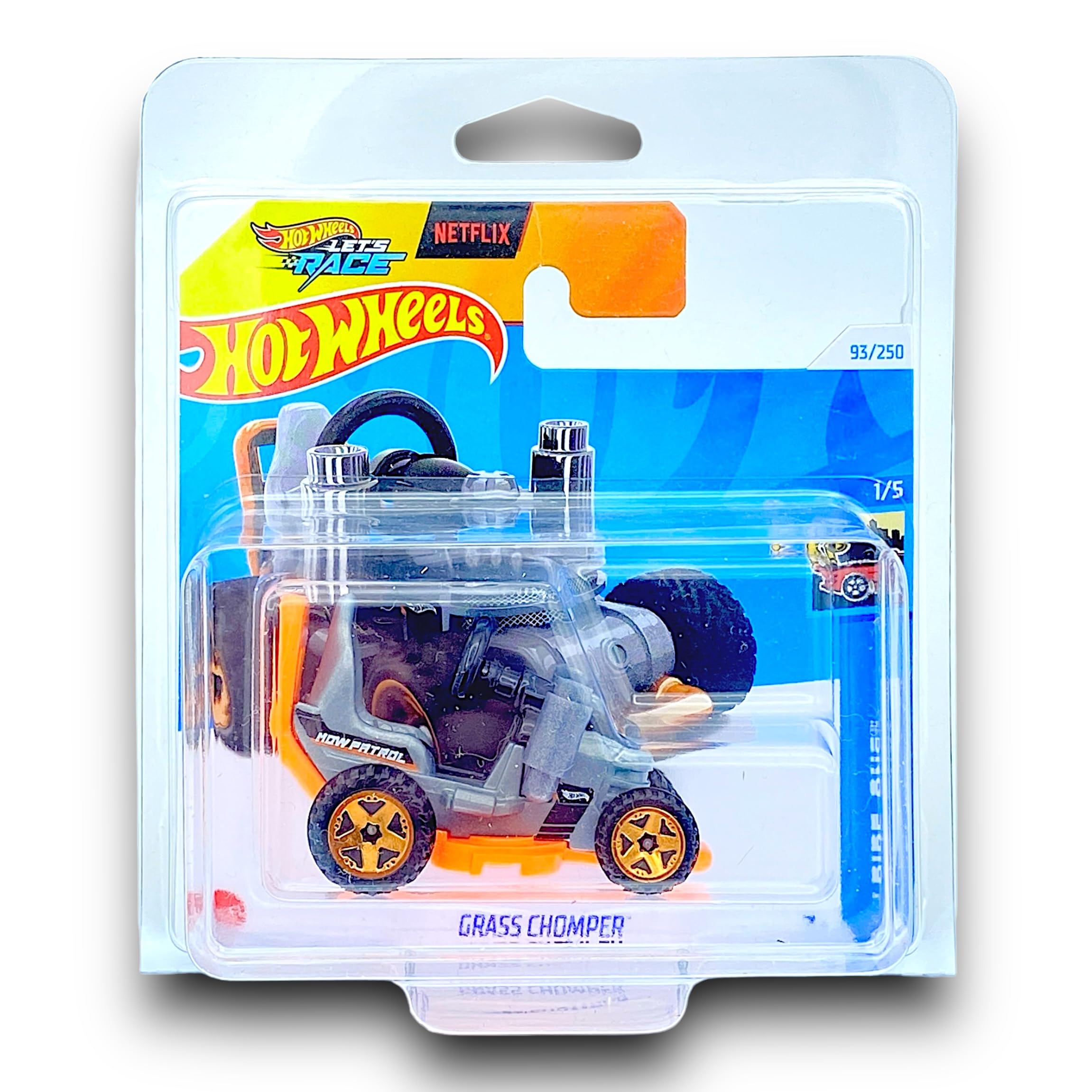 Hot Wheels Grass Chomper (Grey, Black & Orange) 1/5 HW Ride-Ons - 2024-93/250 (Short Card) - COMES IN A GENUINE KLAS CAR KEEPER PROTECTOR CASE - HTC37