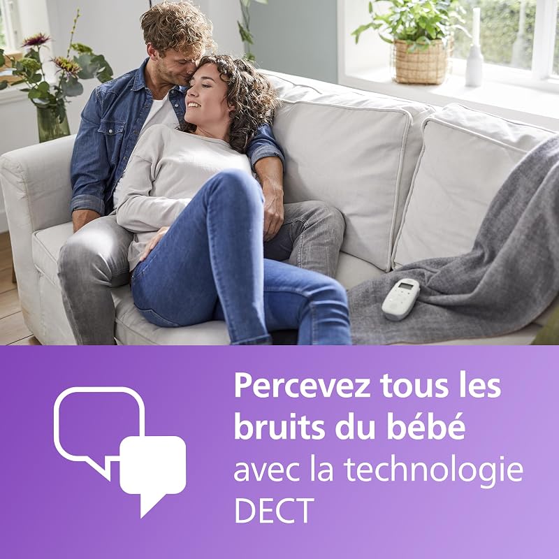 Philips Avent DECT - Écoute-bébé Audio avec veilleuse et berceuses, Conversation bidirectionnelle, portée de 330m, autonomie de 18h, Connexion sécurisée, capteur de température, Son Clair, SCD713/26