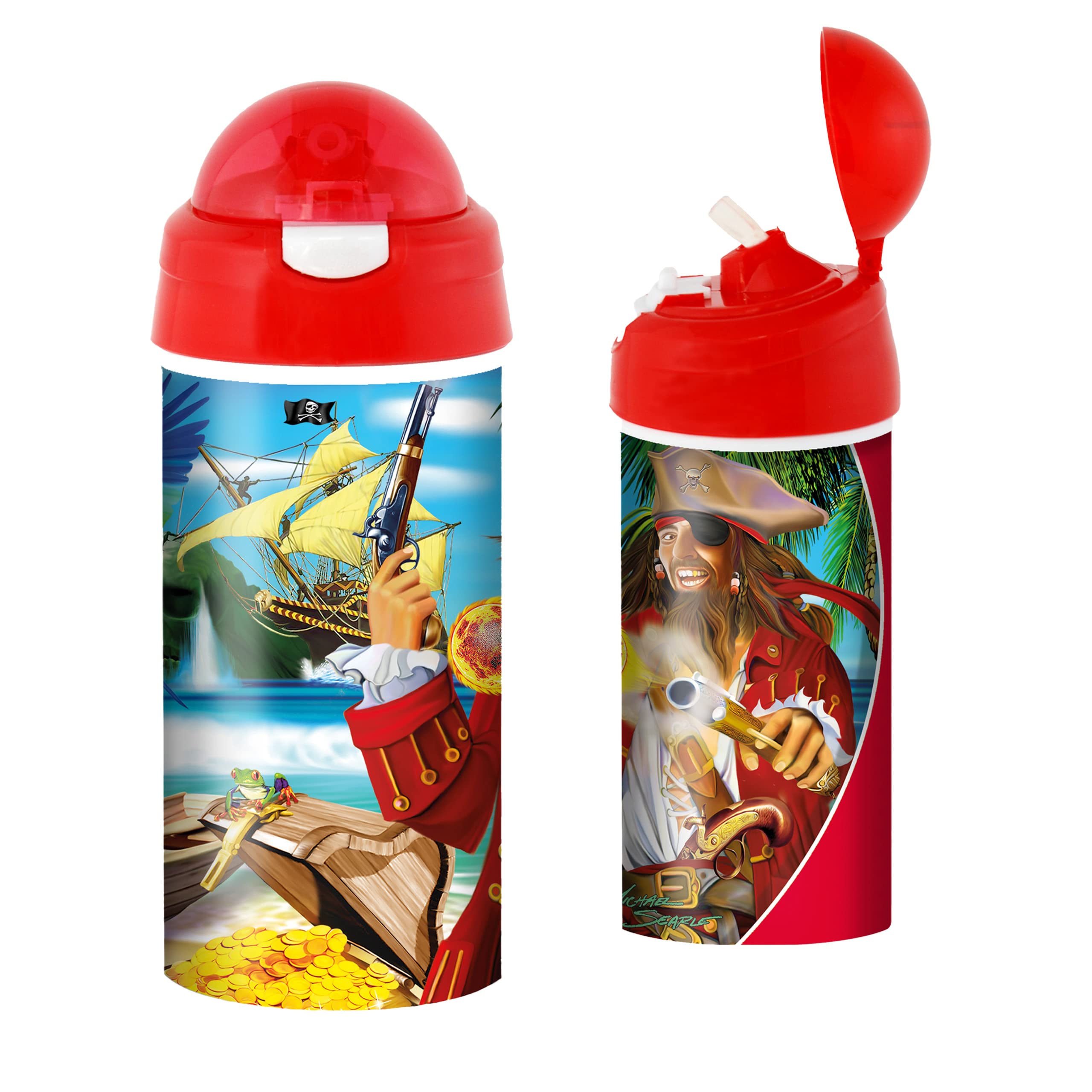 3D LiveLife Drinking Bottle - Pirate Island from Deluxebase. 3D Lenticular 600ml BPA Free Reusable Red Water Bottle with Straw and Flip Top Lid. Leak Proof Fantasy Drinks Bottles with Pirate Design. — image 1