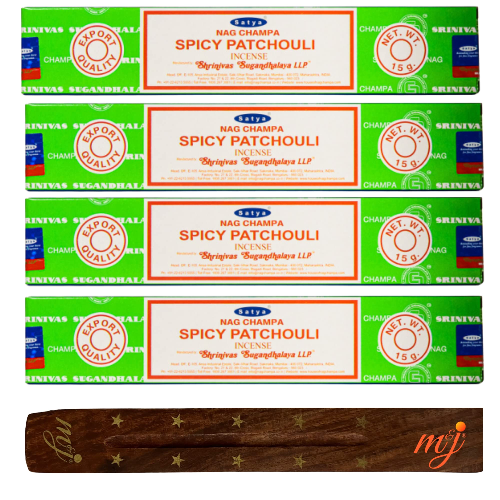 Original Satya Nag Champa Spicy Patchouli Incense Sticks | with M&J incense sticks holder | x4 pack | for Aromatherapy, Spa, Yoga, Weddings, Meditation, Healing, Positivity and Relaxation — image 1