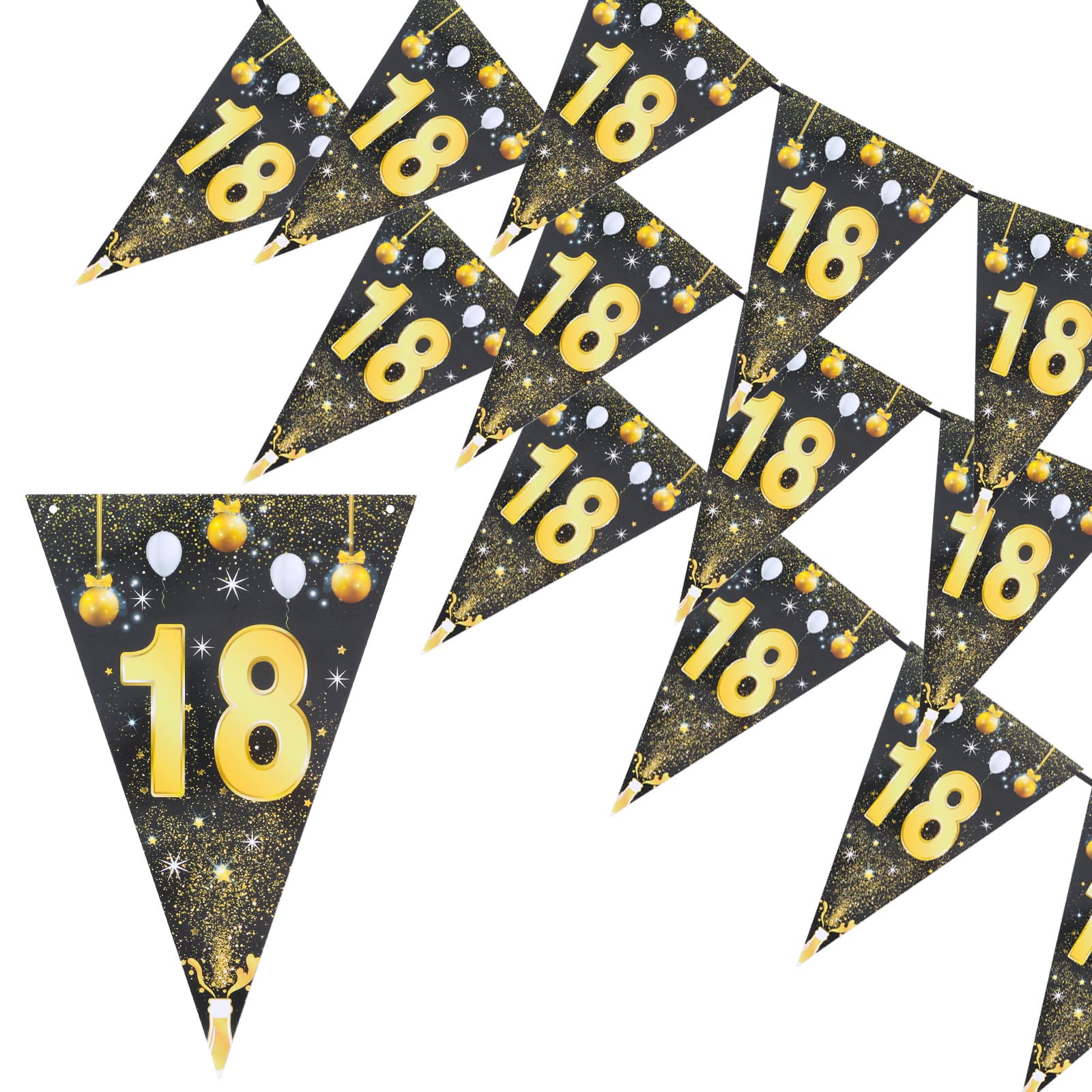 Grevosea 12 Pieces 18th Happy Birthday Banner, Birthday Bunting Flag Triangle Banner Gold and Black Glitter Birthday Decorations for Indoor and Outdoor Birthday Parties 4m/13ft
