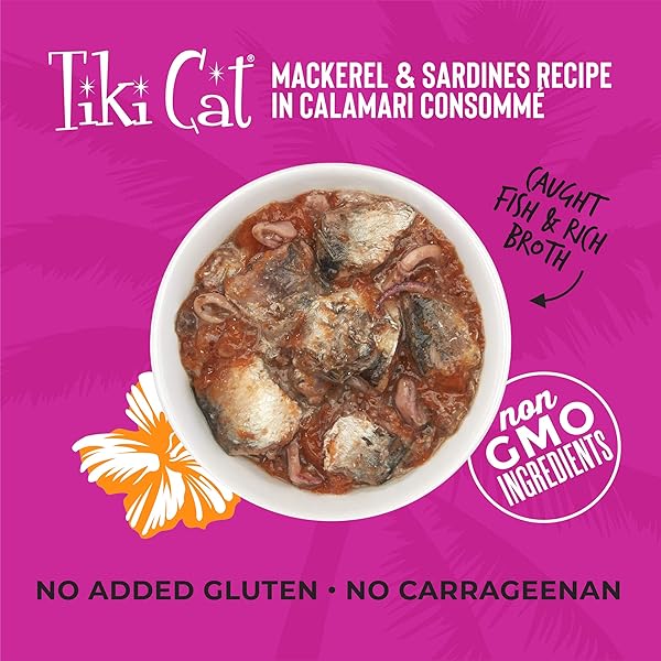 TIKI CAT GRILL, MACKEREL & SARDINES, HIGH-PROTEIN AND 100% NON-GMO INGREDIENTS, WET WHOLE FOODS CAT FOOD FOR ALL LIFE STAGES, 6 OZ. CANS (PACK OF 8)