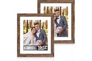 Hongkee 10x12 Picture Frame Set of 2, Made of Real Glass and Rustic Brown Wooden Frame - Display Pictures 8x10 with Mat or 10