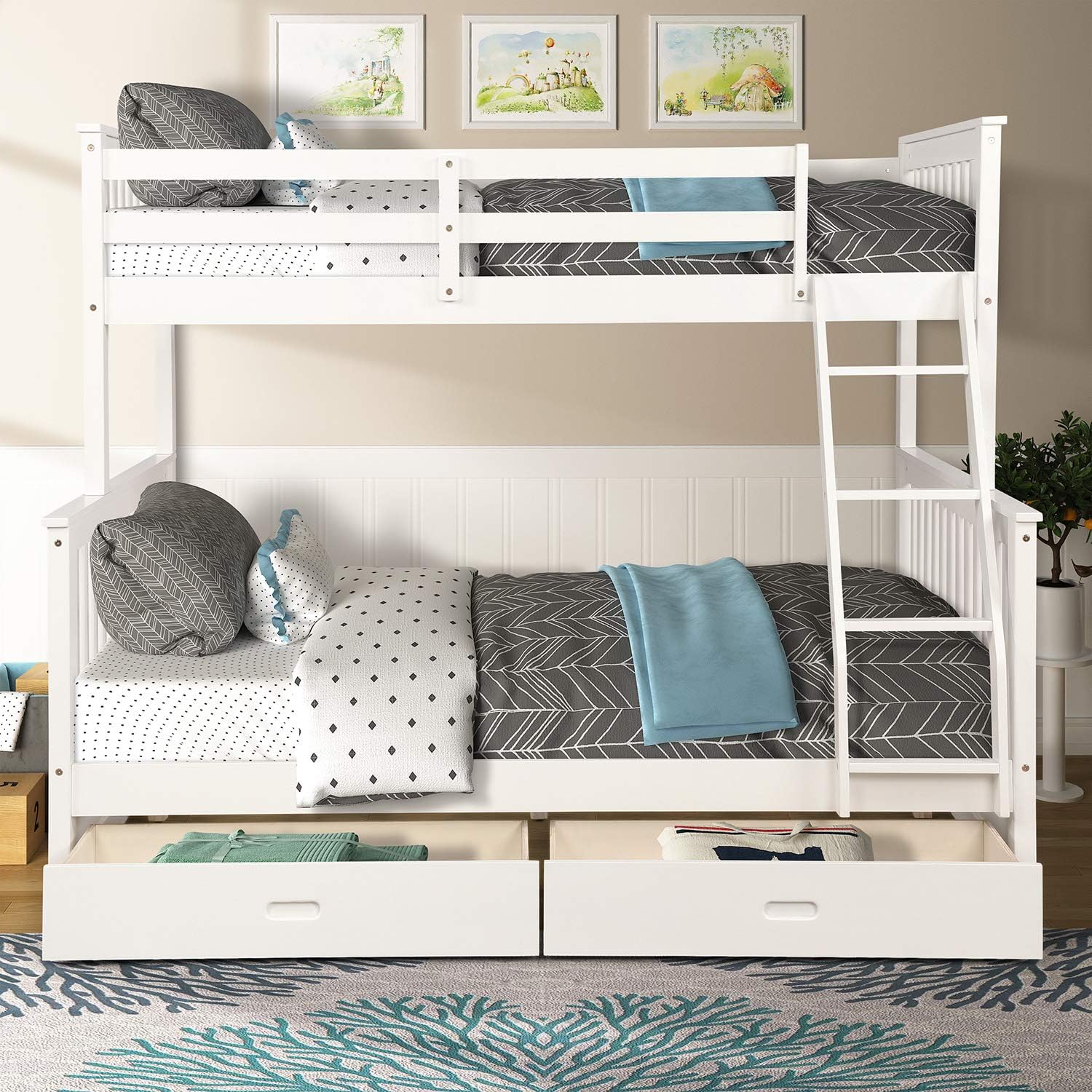 Hooseng, White Color, Stairway Twin-Over-Full Bunk Bed with Storage and Guard Rail for Bedroom, Dorm, for Kids, Adults, color-LP000065KAA