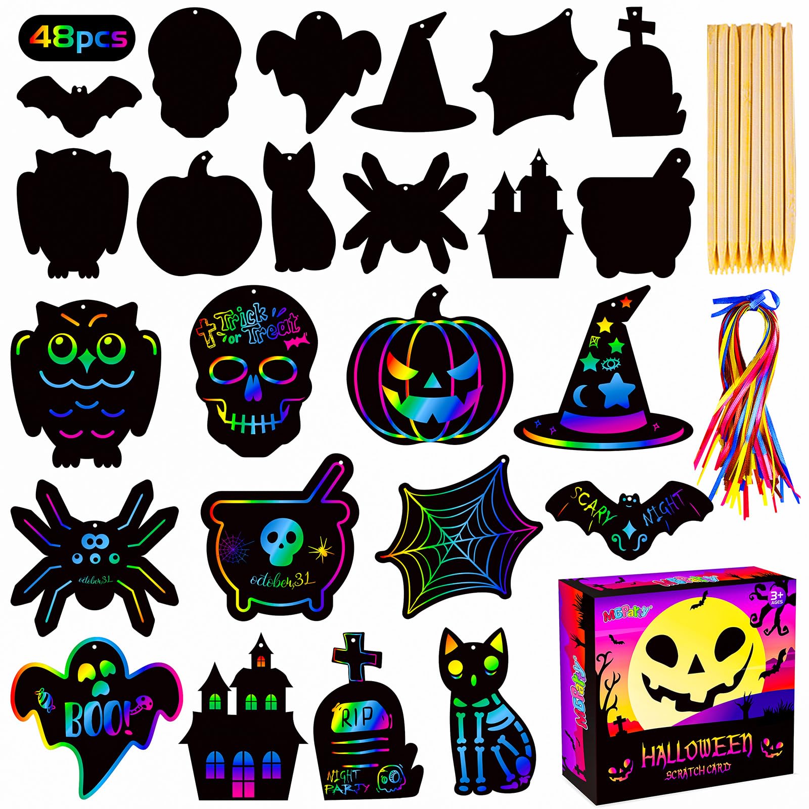 MGparty Scratch Paper Craft for Kids - 48 Pcs Halloween Magic Rainbow Scratch Paper Off Cards Set for Kids Crafts Arts Supplies Halloween Ornaments Party Games Birthday Gifts