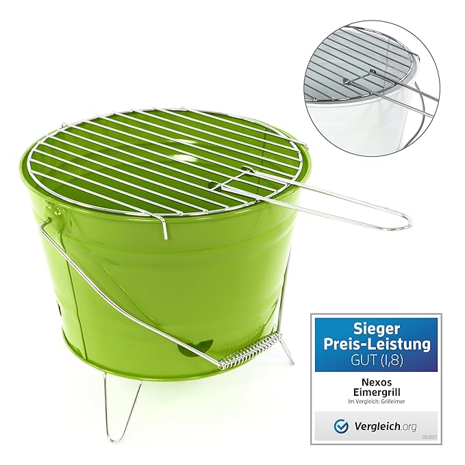 Nexos Eimergrill Grill-Eimer Holzkohlegrill für Garten Terrasse Camping Festival Picknick Party BBQ Barbecue Ø 30 cm grün