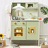 Tiny Land Play Kitchen for Kids &ndash; Real Lights, Sounds &amp; Adjustable Height | Farmhouse-Style Wooden Chef Pretend Play Set, 18 Pcs Toy Food &amp; Cookware Accessories, Gift for Boys Girls Ages 3+, Sage Green