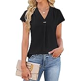 Blooming Jelly Womens Dressy Casual Blouse Business Casual Work Tops Metallic Accent V Neck Shirts Cap Sleeve Pleated Outfit