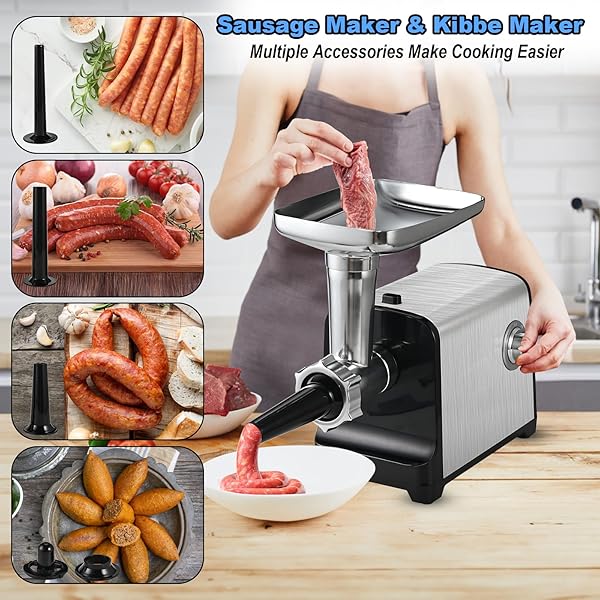 ELECTRIC MEAT GRINDER, [3200W MAX] MEAT GRINDER HEAVY DUTY FOR HOME USE, SAUSAGE STUFFER WITH 2 BLADES, 4 GRINDING PLATES, 3 SAUSAGE TUBES, KIBBE KIT, STAINLESS STEEL (BLACK)