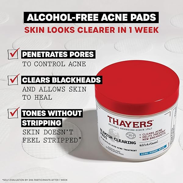 THAYERS BLEMISH CLEARING ACNE PADS, SALICYLIC ACID ACNE TREATMENT FOR FACE, PORE REDUCING, EXFOLIATING, AND SOOTHING SKINCARE, WITCH HAZEL TONER PADS, 60 CT