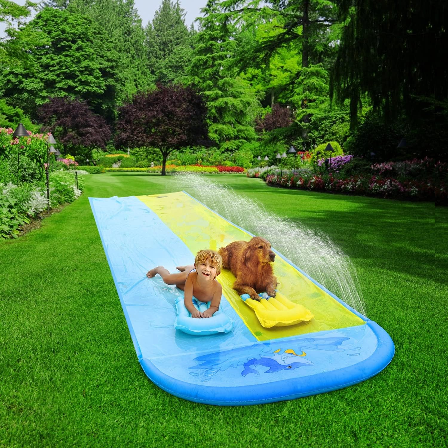 Pomeat 20ft x 62in Slip and Slide Water Slide with 2 Bodyboards, Shark Water Slip Slide for Kids with Sprinkler, Outdoor Summer Water Toy for Backyard, Lawn, Garden, Summer Water Party: Health & Personal Care