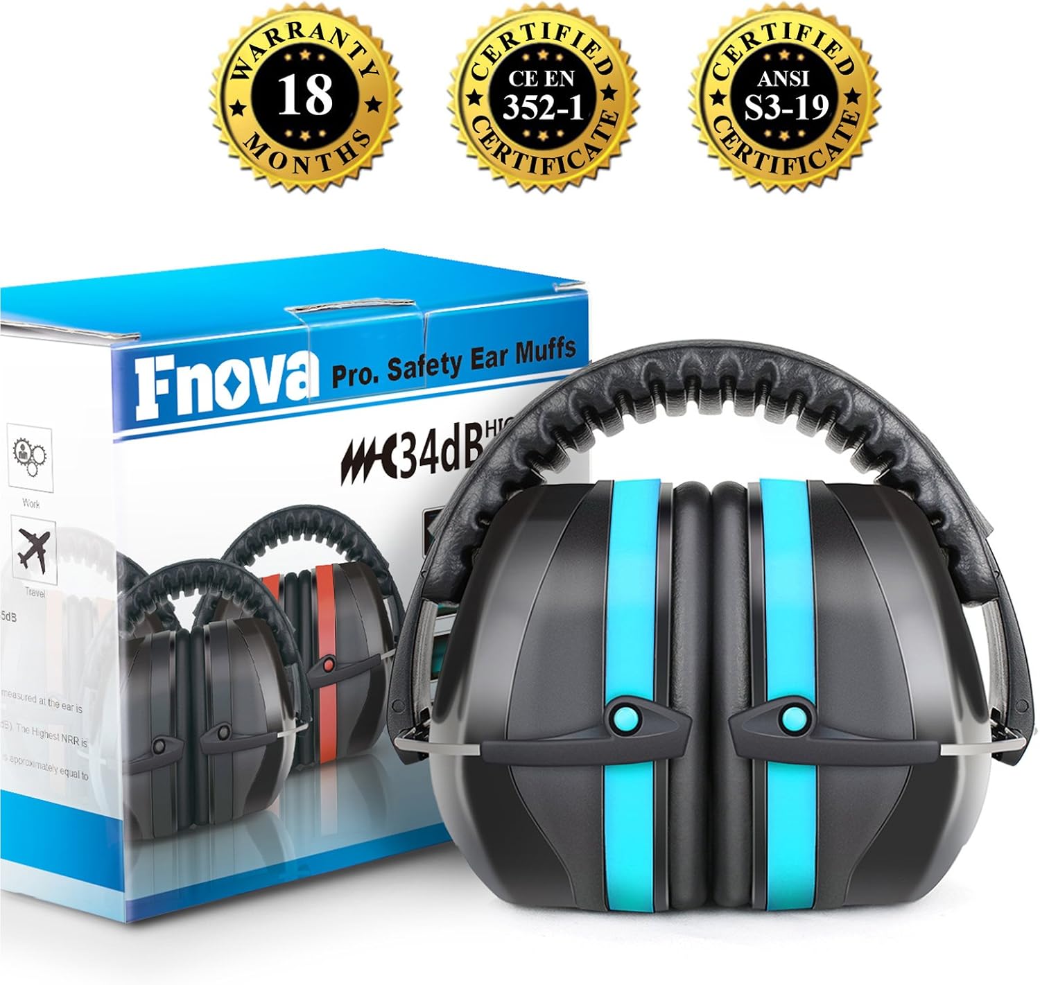 Fnova 34dB Highest NRR Safety Ear Muffs - Professional Ear Defenders for Shooting, Adjustable Headband Ear Protection/Shooting Hearing Protector Earmuffs Fits Adults to Kids - - 