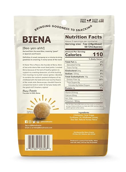 BIENA CHICKPEA SNACKS – CRUNCHY ROASTED CHICKPEAS – HIGH FIBER PROTEIN SNACKS FOR ADULTS AND KIDS – 8-PACK, 5 OUNCE BAGS – HONEY ROASTED