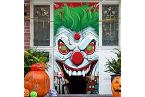 DPKOW Scary Clown Halloween Door Decorations Horror Joker Halloween Door Cover Creepy Evil Killer Circus Entrance Theme Halloween Party Decorations for Front Door Banner Porch Sign, 70.9 x 35.4 Inch