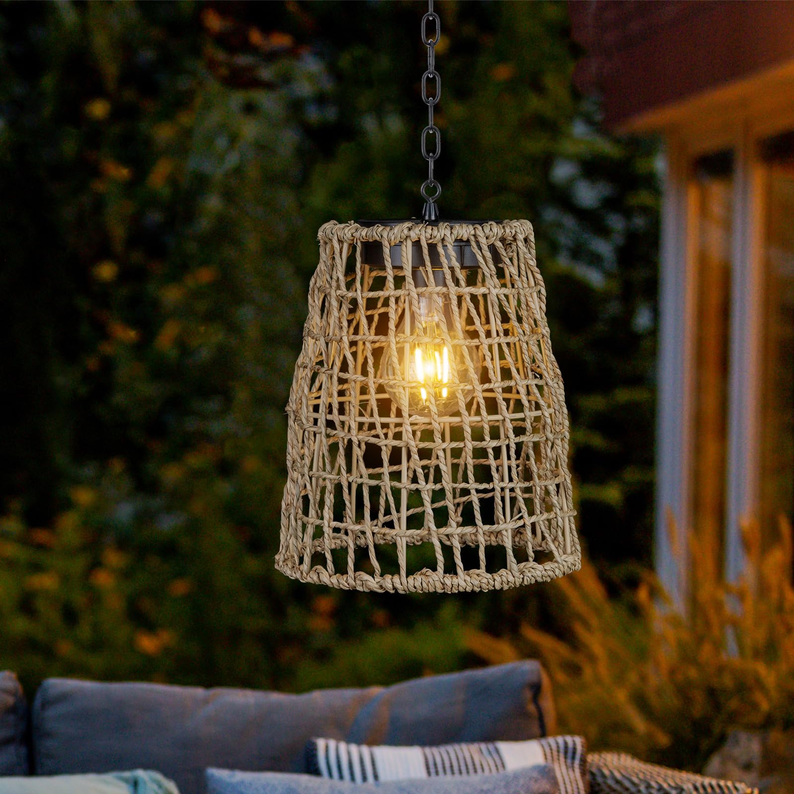 Photo 1 of Solar Lanterns Outdoor Waterproof Hanging Light-Natural Seeweed Rattan Decorative Solar Rattan Pendent Chandelier Light with Edison Bulb for Patio Garden Landscape Pathway Yard Décor
