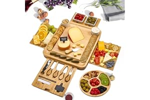 MAGIC BAMBOO Large Bamboo Charcuterie Boards Gift Set with 4 Hidden Drawers, Cheese Knives, Ceramic Bowls & Plates, Recipe Book, Perfect House Warming Gifts New Home