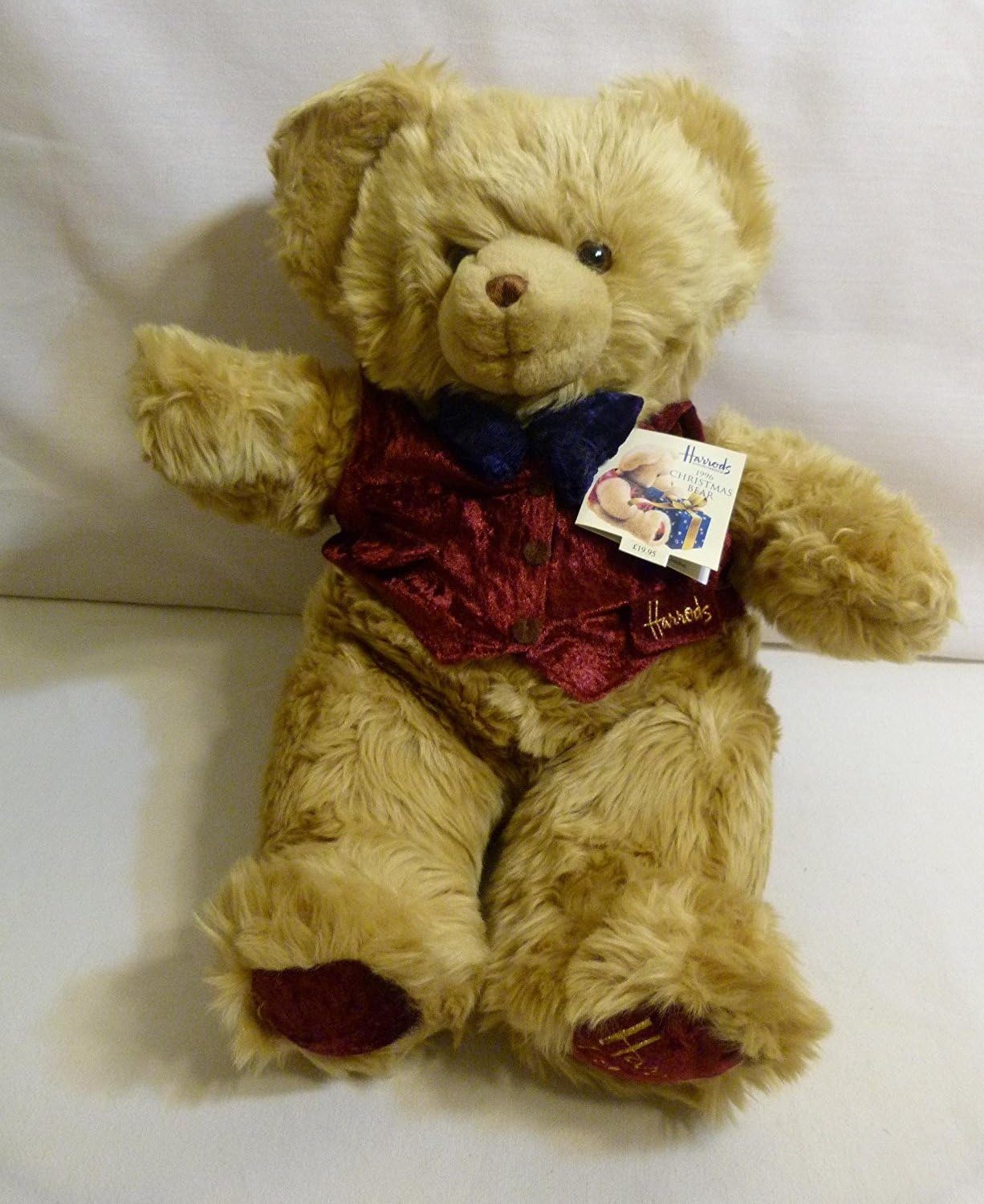 Harrods 1996 Plush 16" Christmas Bear in Dark Red Vest & Blue Bow-tie