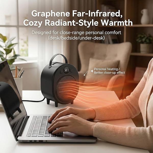 GRAPHENE FAR‑INFRARED MINI SPACE HEATER, 4 MODES 650/750/1000W + 3.5W FAN ONLY, ONE‑BUTTON CONTROL, PORTABLE HANDLE, OVERHEAT PROTECTION, COMPACT PERSONAL DESK & BEDSIDE HEATER, 120V