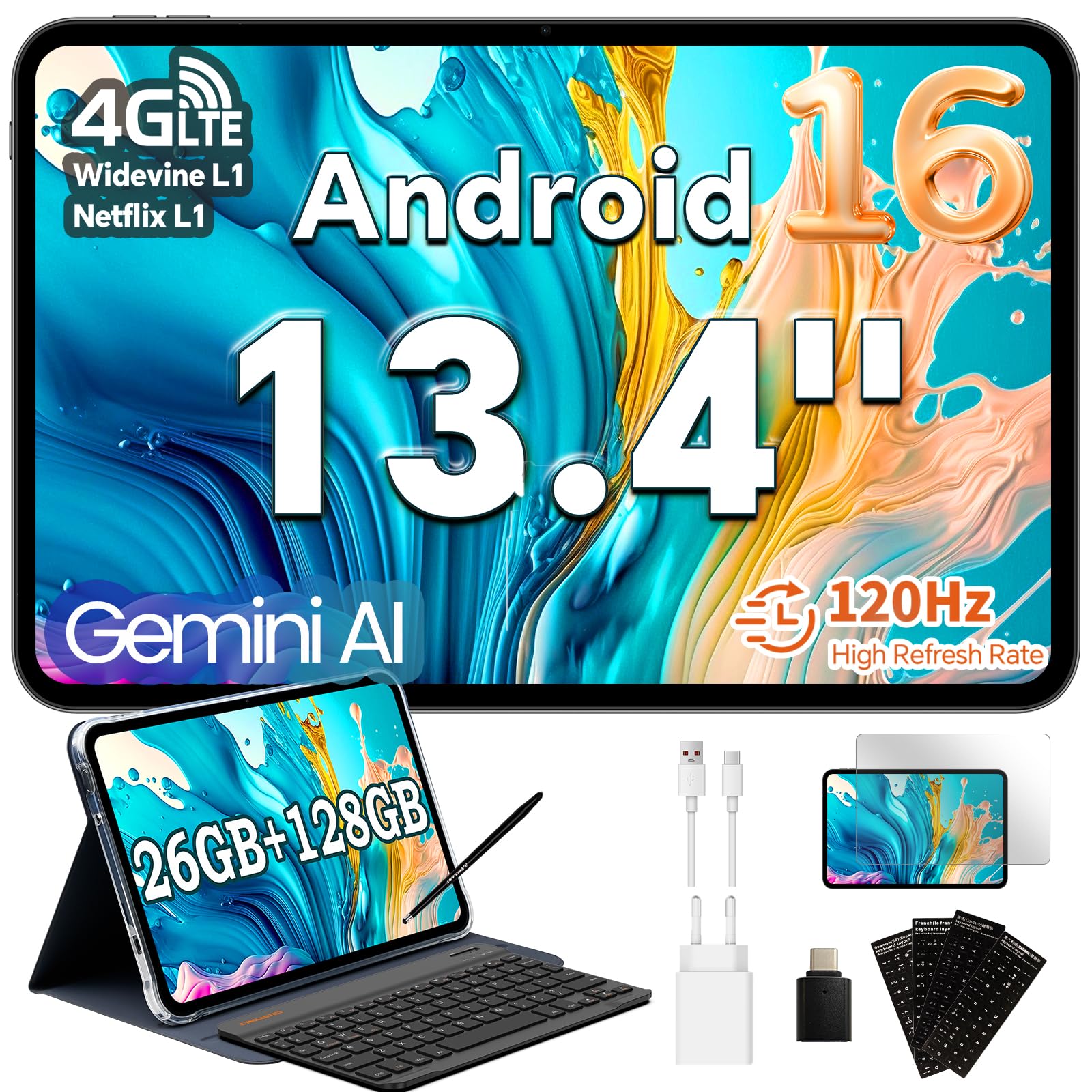 TECLAST Tablet 13,4 Zoll 120Hz Display, Android 16 Gaming Tablets T65CASE, 4G LTE Dual SIM, 26GB RAM+128GB ROM(4TB TF), GPS, Widevine L1, Gemini AI Tablets mit Tastatur, Hülle, Stift, OTG
