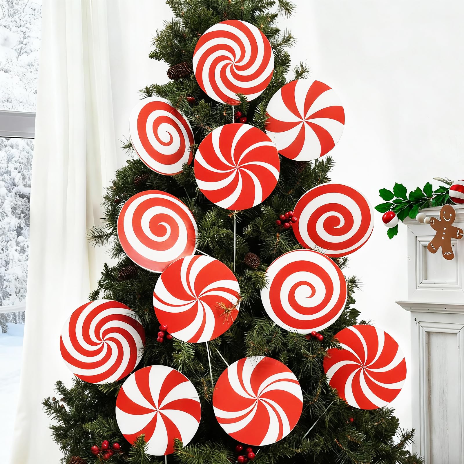 Photo 1 of 12Pcs Large Candy Christmas Tree Decorations Peppermint Lollipop Christmas Picks for Tree, 7.87" Red and White Candy Ornaments, Plastic Candyland Tree Topper for Xmas Holiday Party Vase Decor
