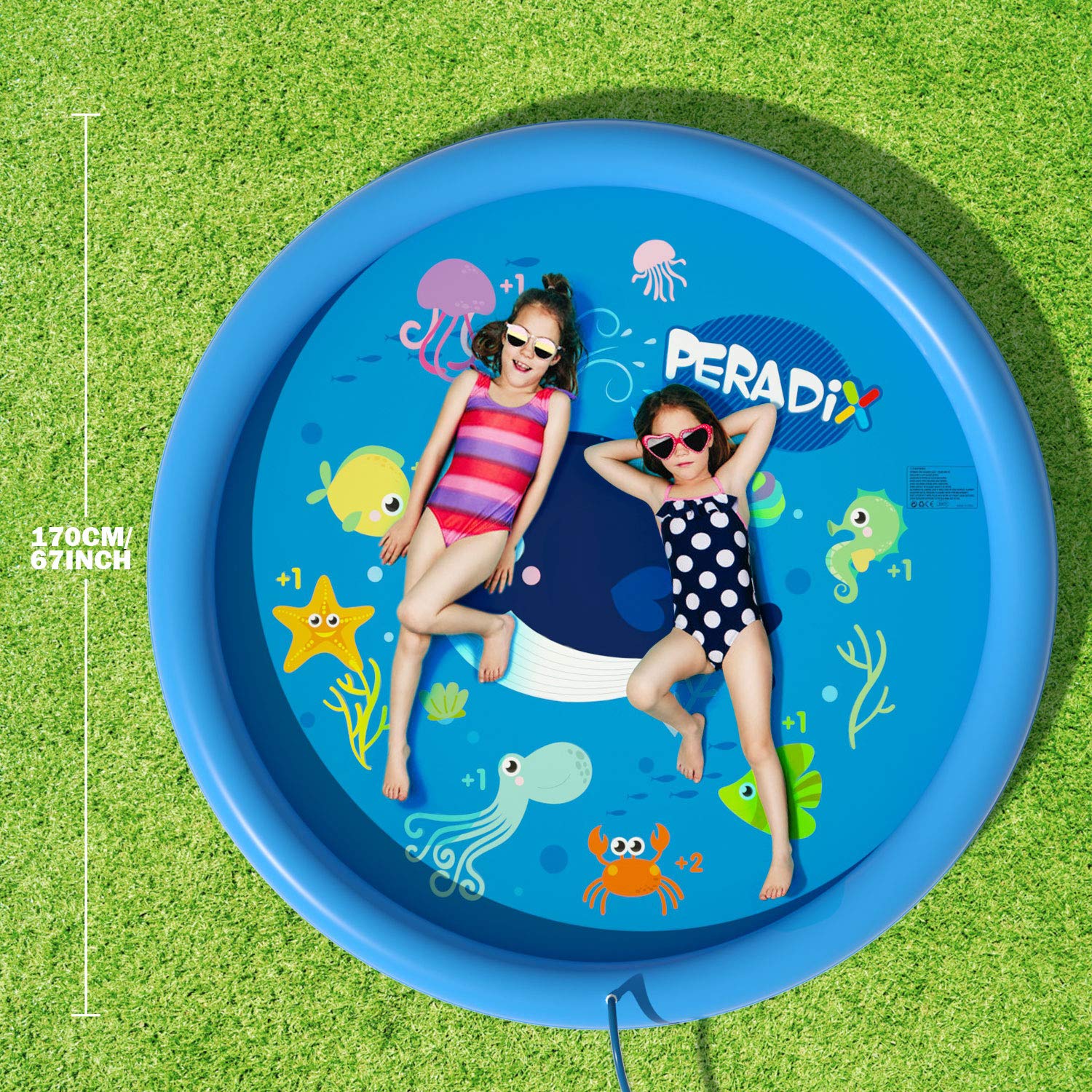 Peradix Splash Play Mat，Splash Pad,170CM Tapete de Aprendizaje para Juego Agua de Salpicaduras y PVC Salpica Almohadilla para Niños para Jardín de Verano Juguetes Acuático