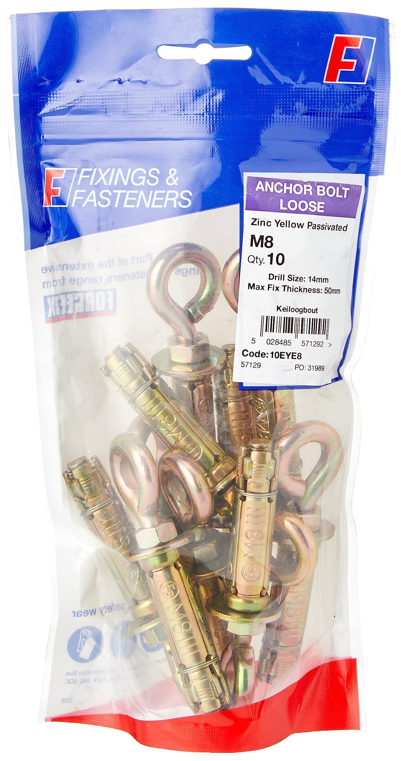ForgeFix Masonry Anchors - Eye Bolts | M8 | Zinc Yellow Passivated | Bag 10