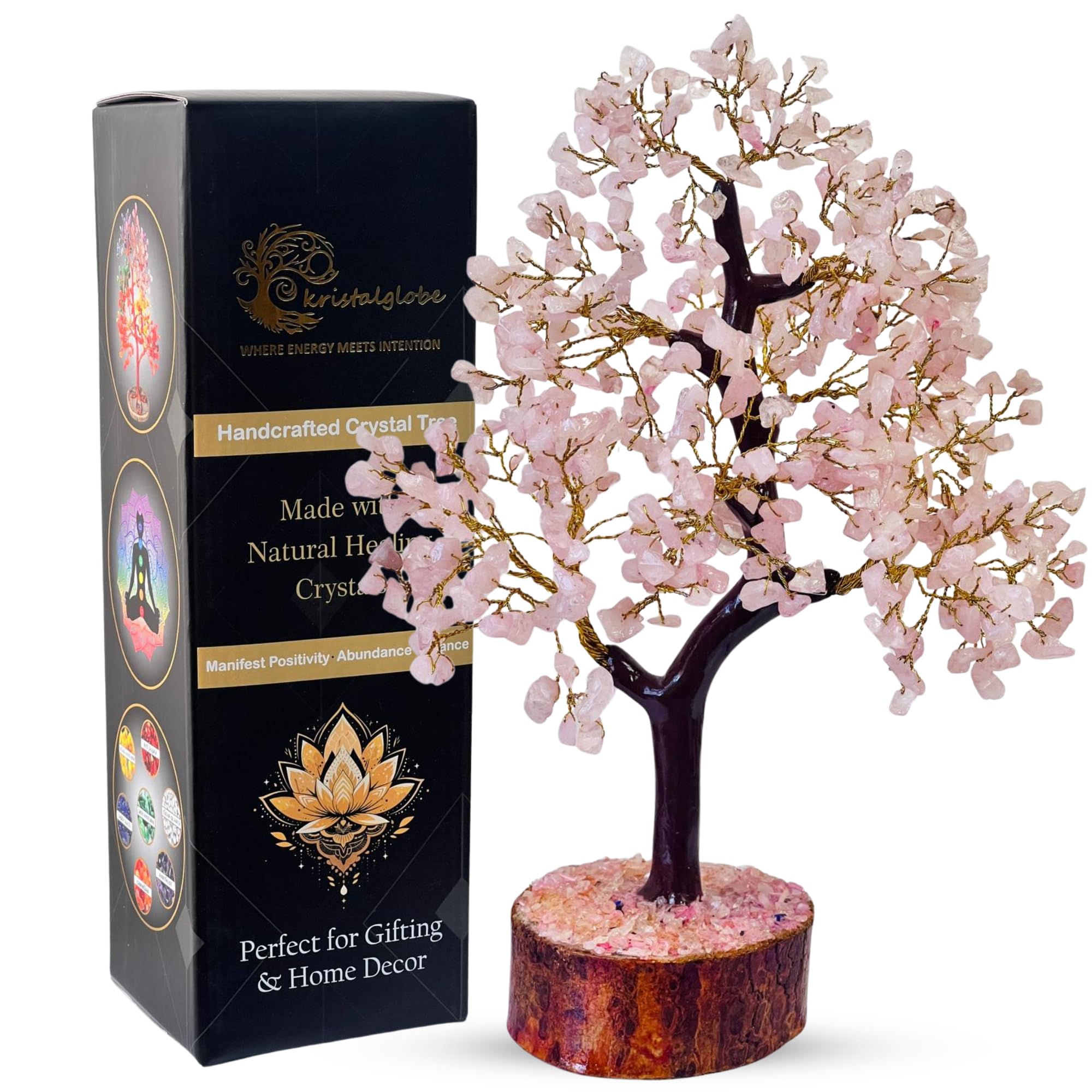 kristalglobe Rose Quartz Crystal Tree of Life Handmade Bonsai with 300 Natural Gemstones | Love Healing Reiki Feng Shui Decor | Romantic Valentine Gift for Couples Women Mum Home