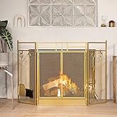 Barton 48" Fireplace Screen 3-Panel Folding Magnetic Doors with 4-Pieces Fire Place Tools Set Steel Fire Spark Guard, Gold