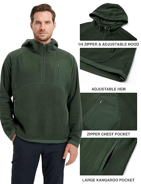 M MAELREG MENS HOODIES PULLOVER POLAR FLEECE WARM GOLF SPORTS CASUAL QUARTER ZIP MENS HOODED SWEATSHIRTS PULLOVER OLIVE GREEN