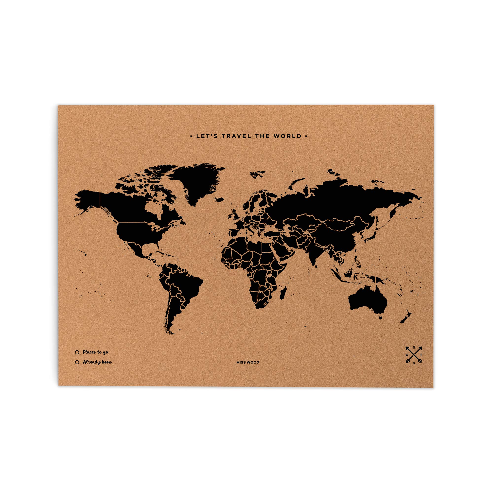 Wereldkaart kurk L zwart 60 x 45cm