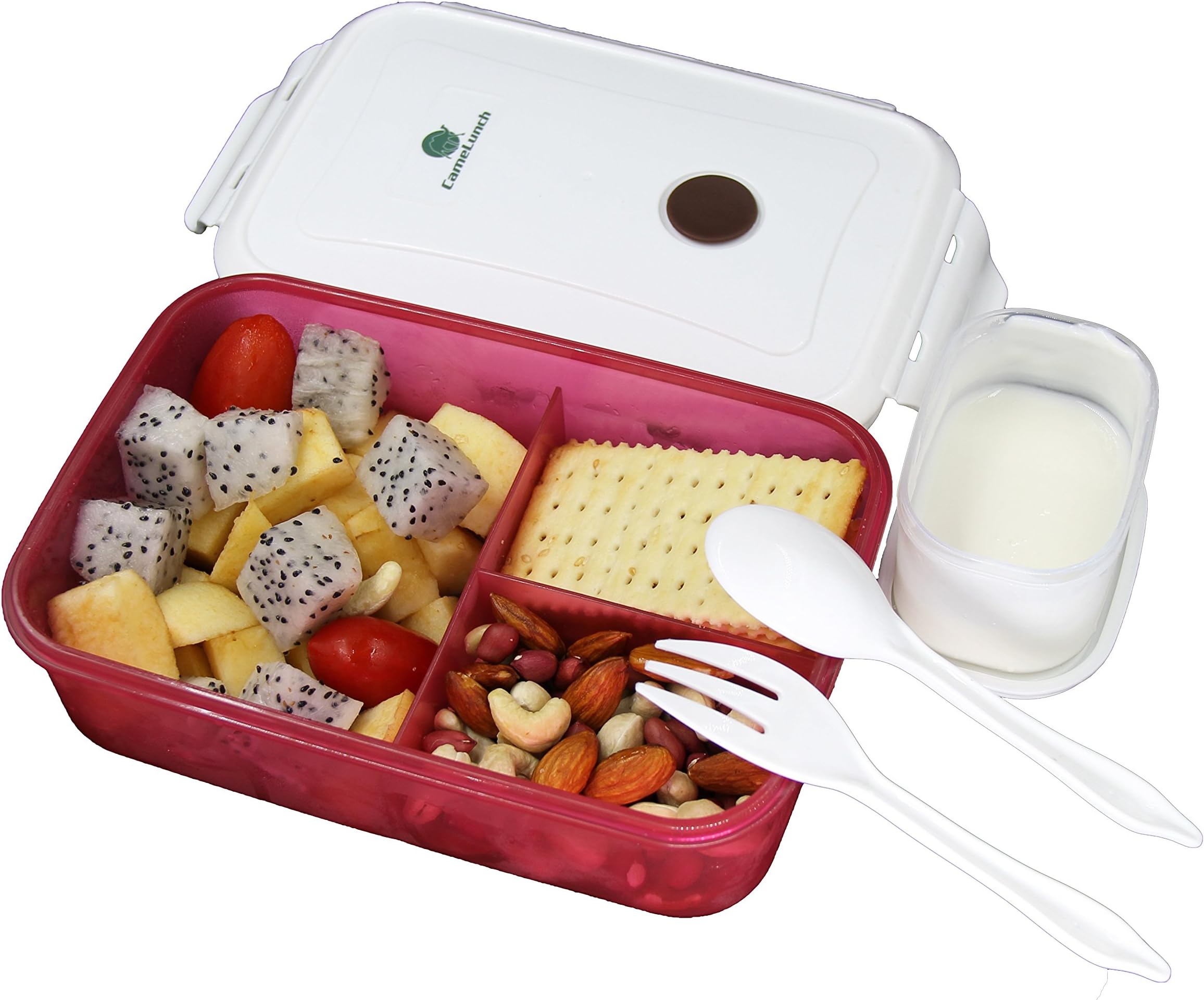 CameLunch Bento Lunch Box - 3-Compartment 1-Bowl with Spoon & Fork - 1000ml 34 oz Fits for Adults & Kids - Leakproof Plastic Food Storage Containers (Red)