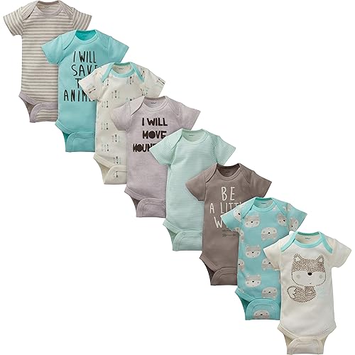 Gerber Baby 8-Pack Short Sleeve Onesies Bodysuits, Fox, 6-9 Months