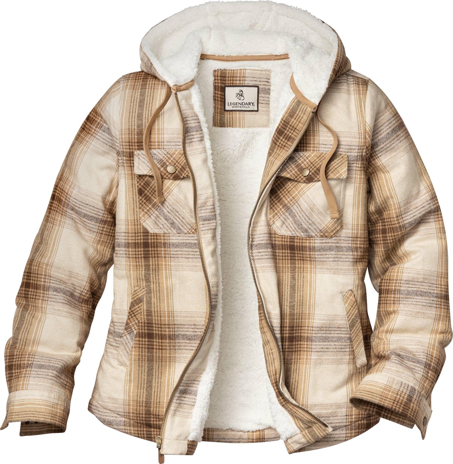 Legendary Whitetails Womens Hooded Shacket Berber Lined Shirt Jacket with Drawstring Hood, Vanilla Latte Plaid, 1X Image