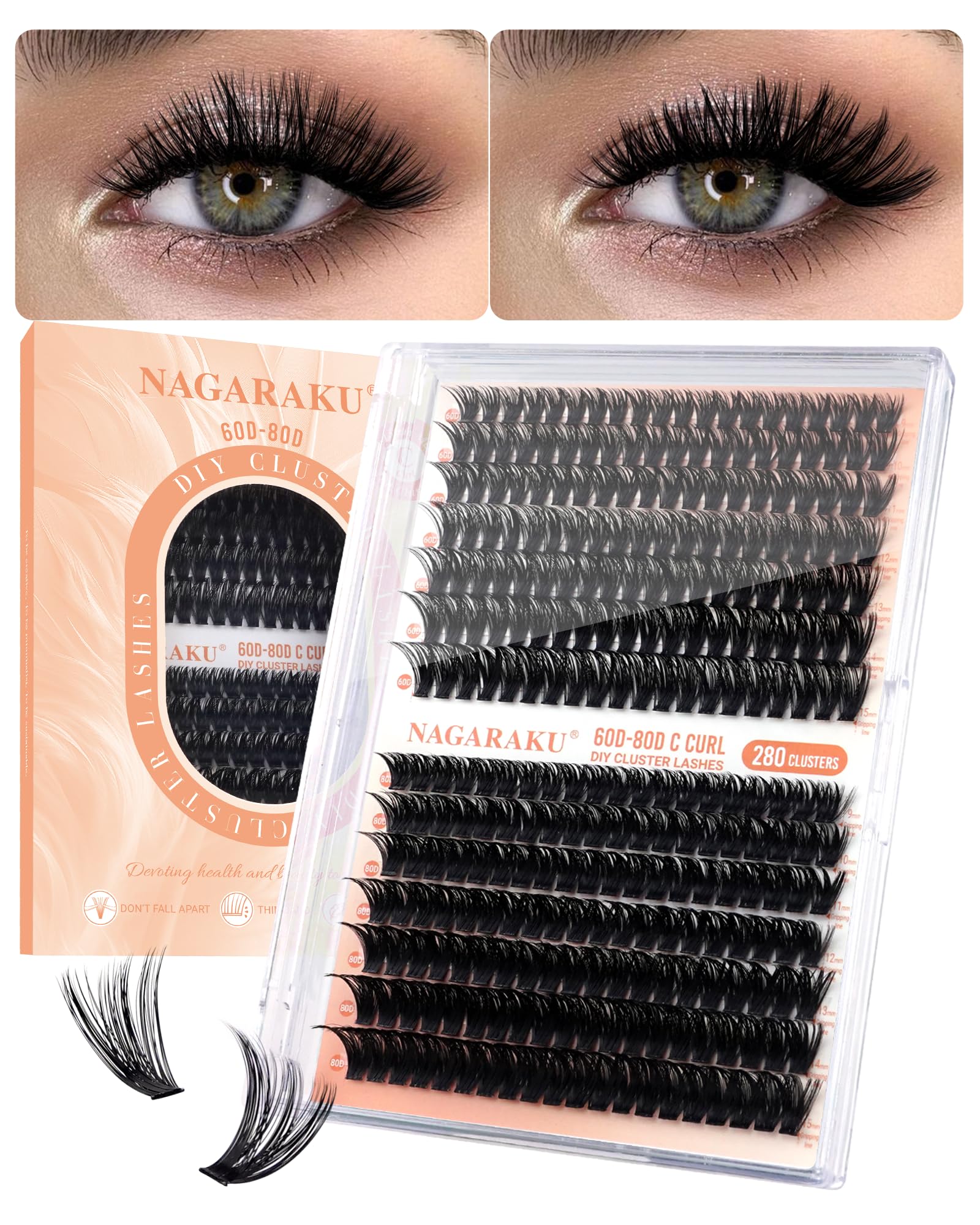 NAGARAKU Lash Clusters, 280pcs 60D&80D DIY Cluster Lashes Individual Cluster Eyelash Extensions Volume False Eyelash Thin Band Lash (Black, 0.07mm C Curl 9-15mm Mix Length) — image 1
