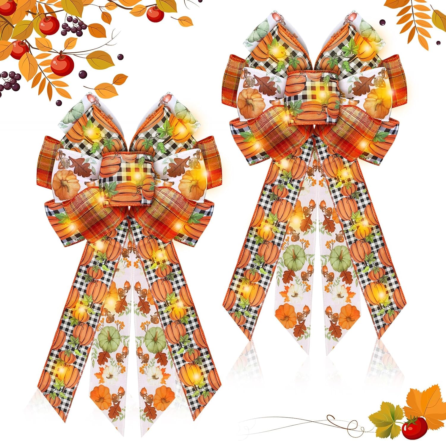 Bows & Ribbons - 2 Pcs Fall LED Wreath Bow Thanksgiving Wreath Burlap Bow LED Lights Bow Fall Orange Pumpkin Wreath Bow Decor Buffalo Plaid Bow Tree Topper for Indoor Outdoor Wall Decoration, 18 x 10 Inch