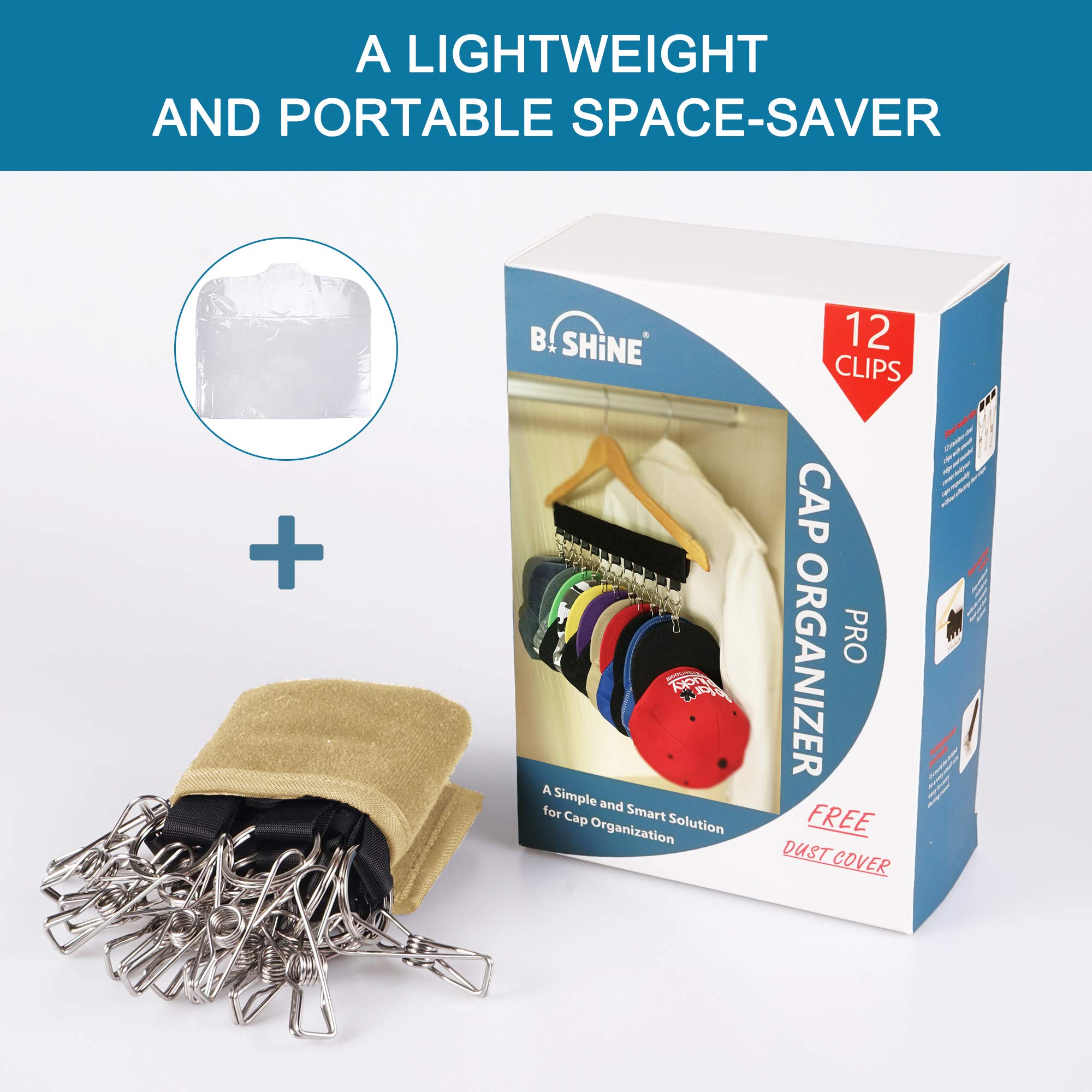 B.SHINE Hat Rack Cap Organizer - 12 Clips Hanging Baseball Caps Holder with Dust Cover