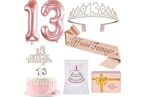YEOHJOY 13th Birthday Decorations for Girls, Including 13th Birthday Sash and Tiara, Cake Topper and Candles, Number Balloons, 3D Pop Up Greeting Card, Teen Girl Gifts for 13 Year Old