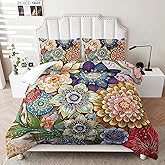 3 Pieces Boho Floral Comforter Set,Bohemian Colorful Flowers Comforter Set King Size Soft Microfiber Flower Duvet Vintage Bedding in a Bag for Kids Teens and Adults (1 Comforter with 2 Pillowcases)