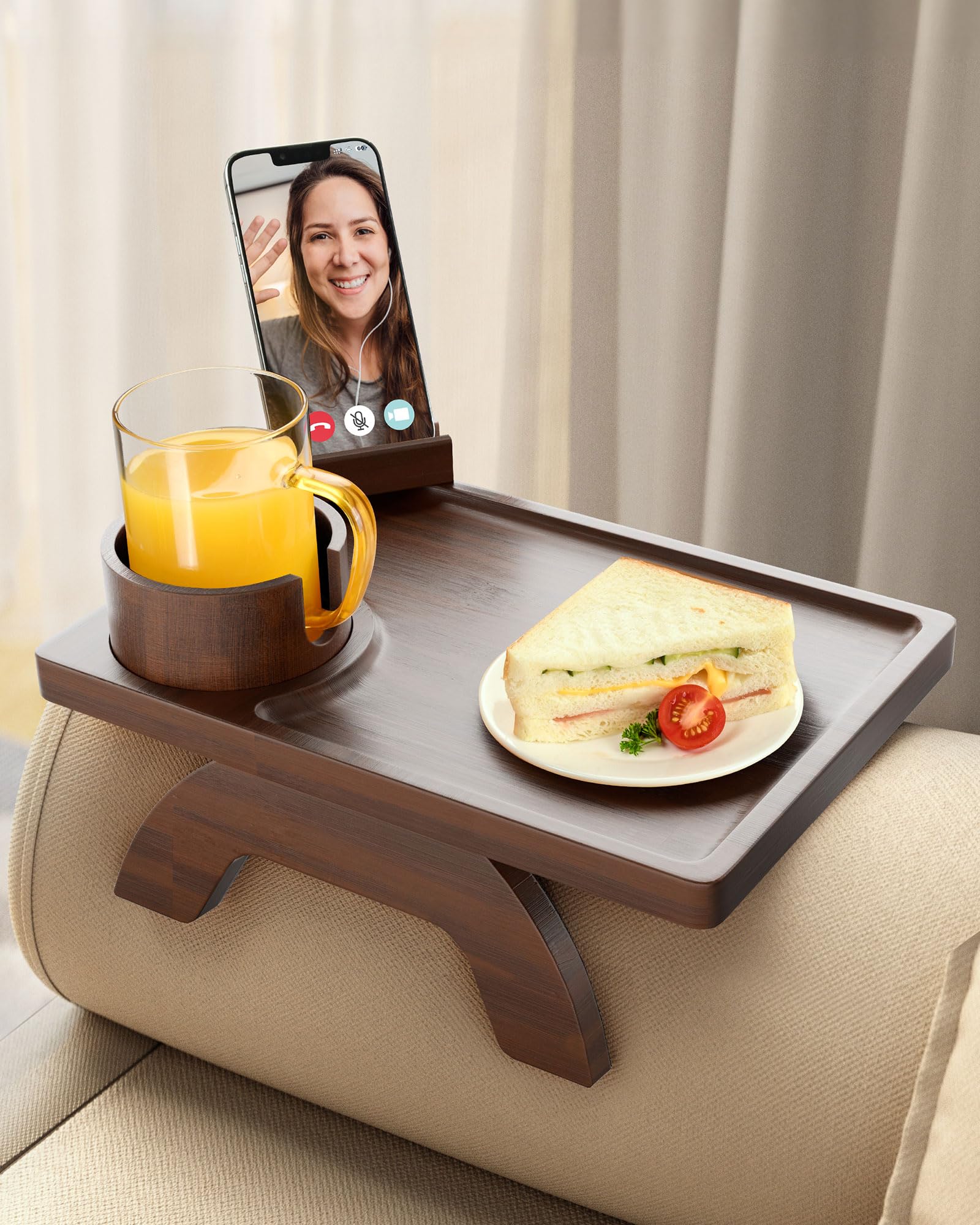 Photo 1 of Lorbro Sofa Arm Tray with Couch Cup Holder, Wood Couch Arm Tray with 360° Rotating Phone & Cup Holder, Foldable Sofa Armrest Tray Clip on Side Table for Small Space for Snacks, Remote, Useful Gifts