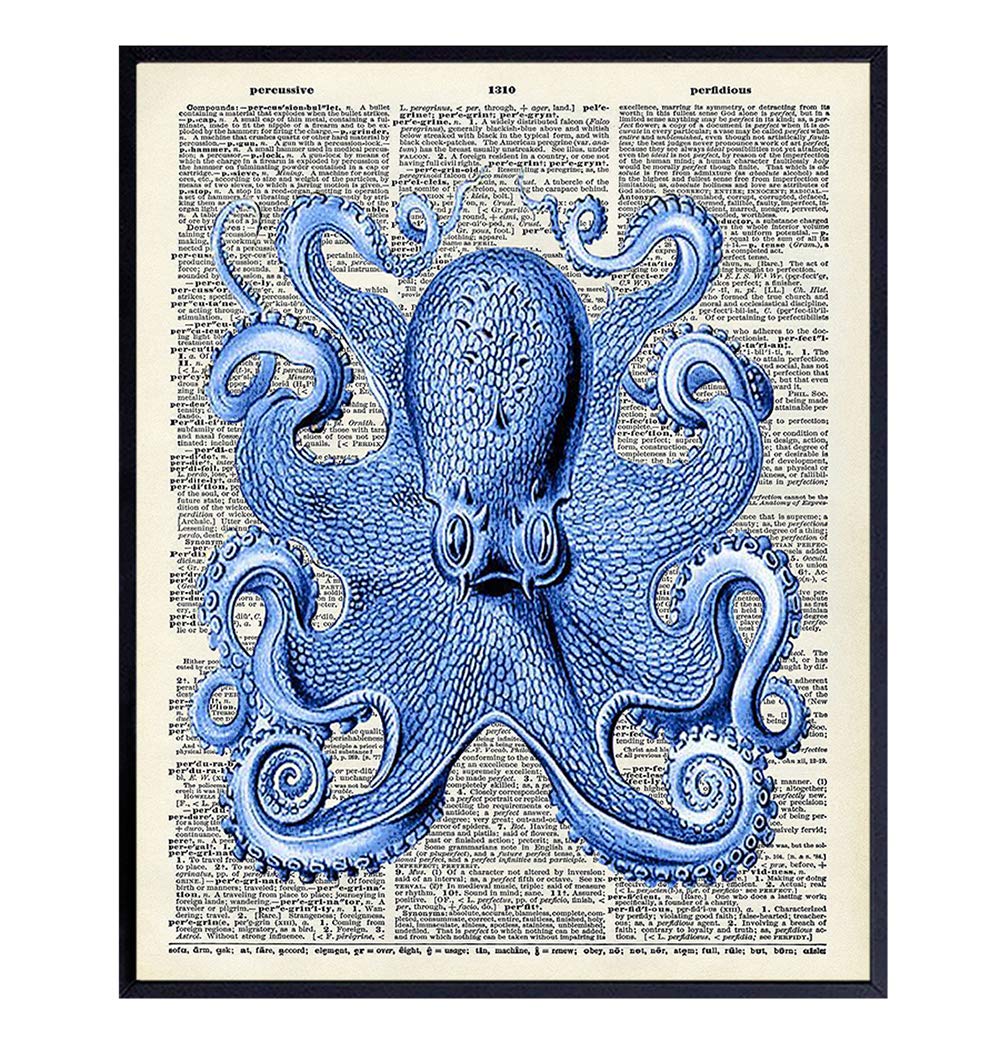 Vintage Octopus Dictionary Wall Decor Picture - Upcycled Retro Decoration for Home, Office or Apartment, Bedroom, Living Room, Bathroom, Bath - Gift for Ocean, Nautical Fans - 8x10 Poster Print
