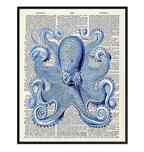 Vintage Octopus Dictionary Wall Decor Picture - Upcycled Retro Decoration for Home, Office or Apartment, Bedroom, Living Room, Bathroom, Bath - Gift for Ocean, Nautical Fans - 8x10 Poster Print